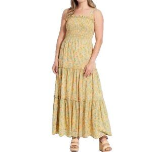 Modcloth Women Size L Tiered Maxi Sun Dress Orange Floral Cotton Lined Smocked